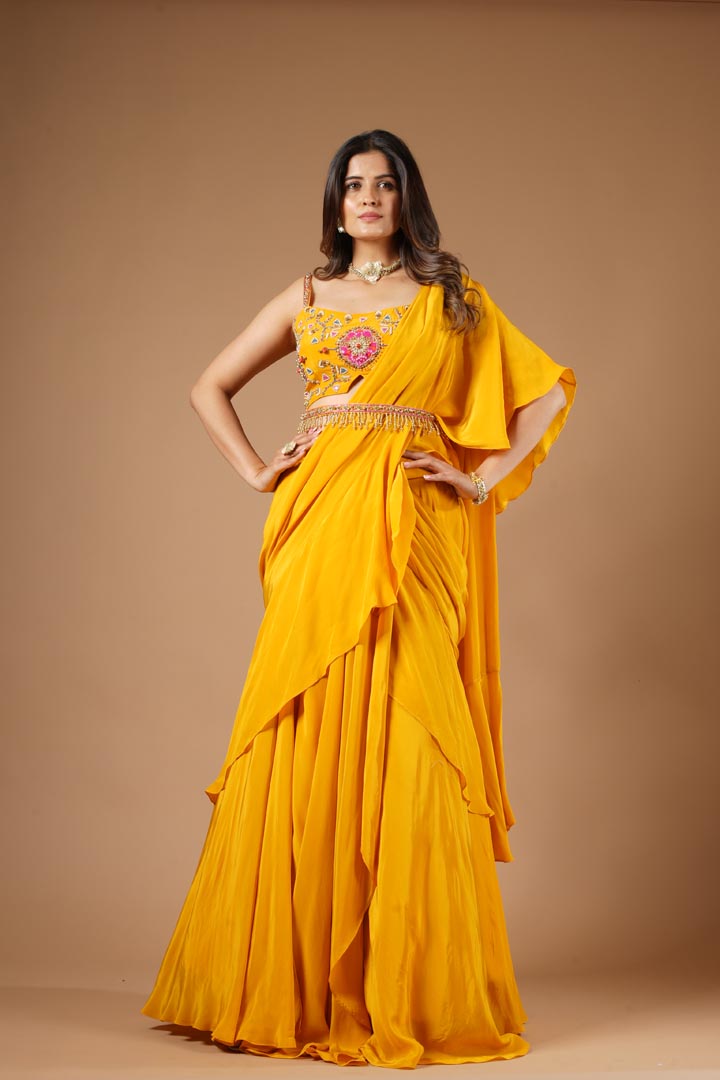 Mustard Yellow Viscose Ruffled Saree Set