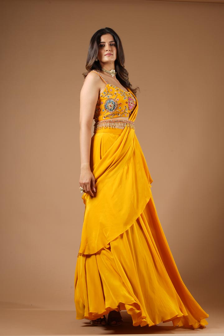 Mustard Yellow Viscose Ruffled Saree Set