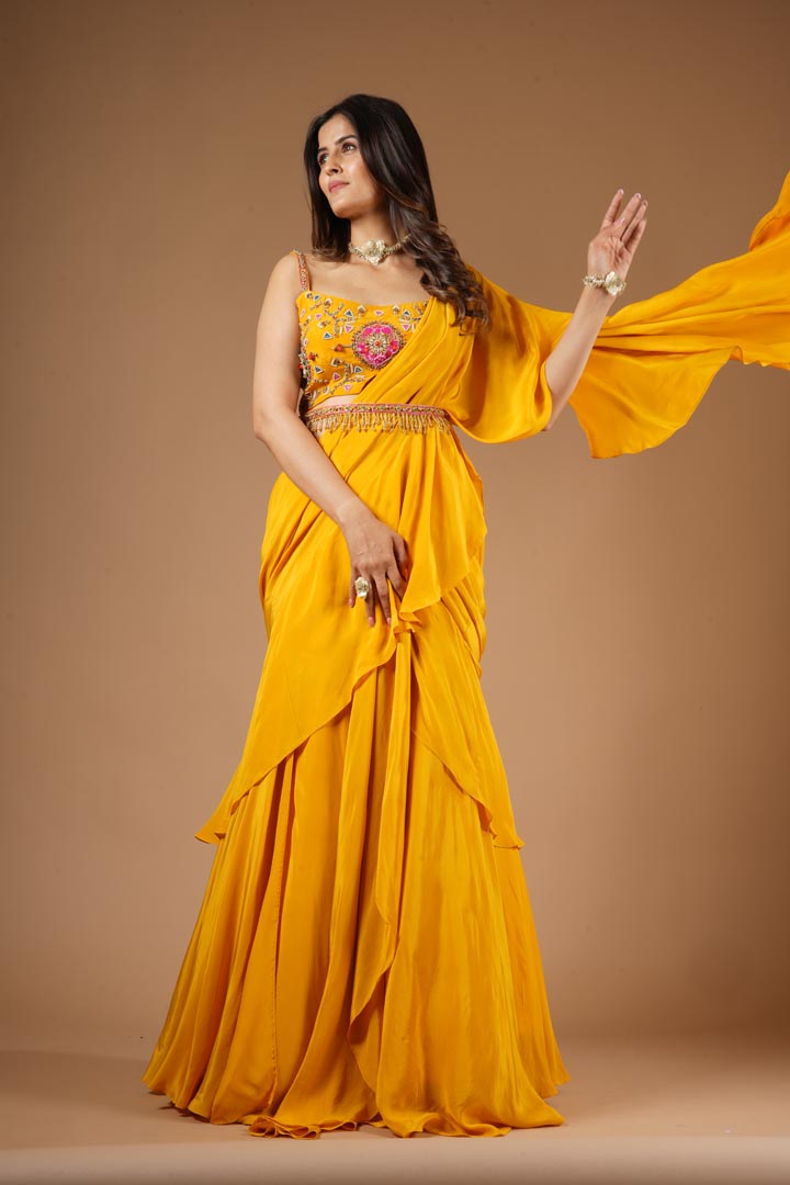 Mustard Yellow Viscose Ruffled Saree Set