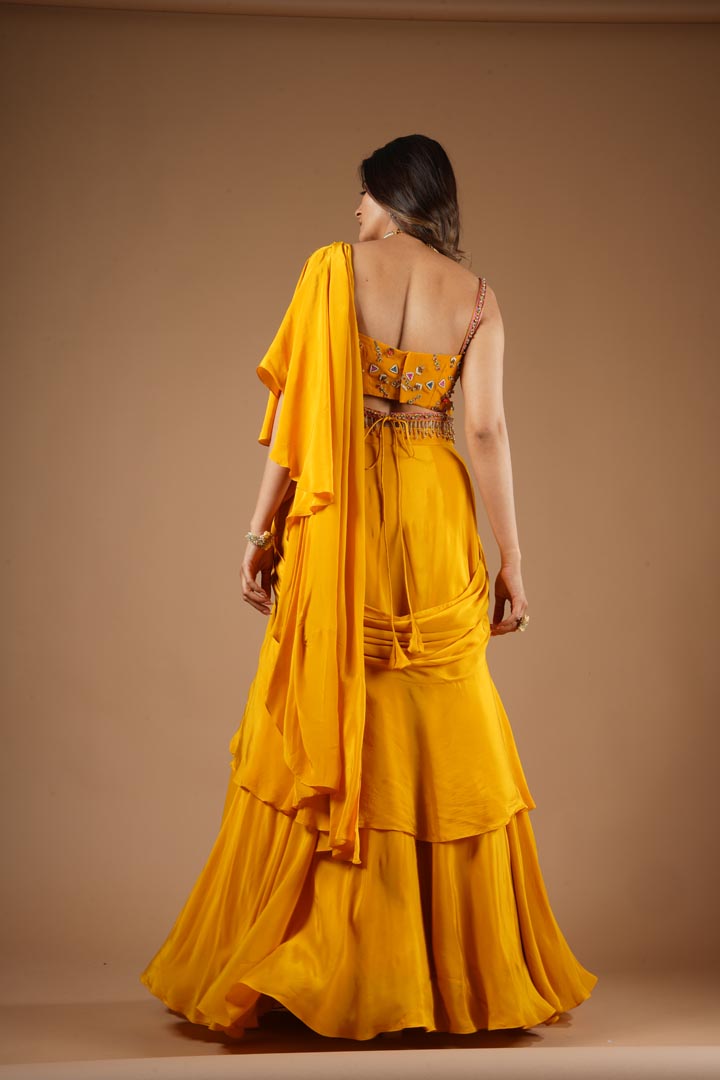 Mustard Yellow Viscose Ruffled Saree Set