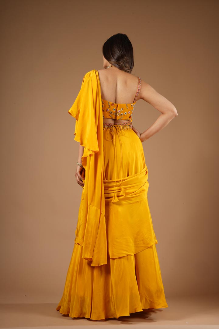 Mustard Yellow Viscose Ruffled Saree Set