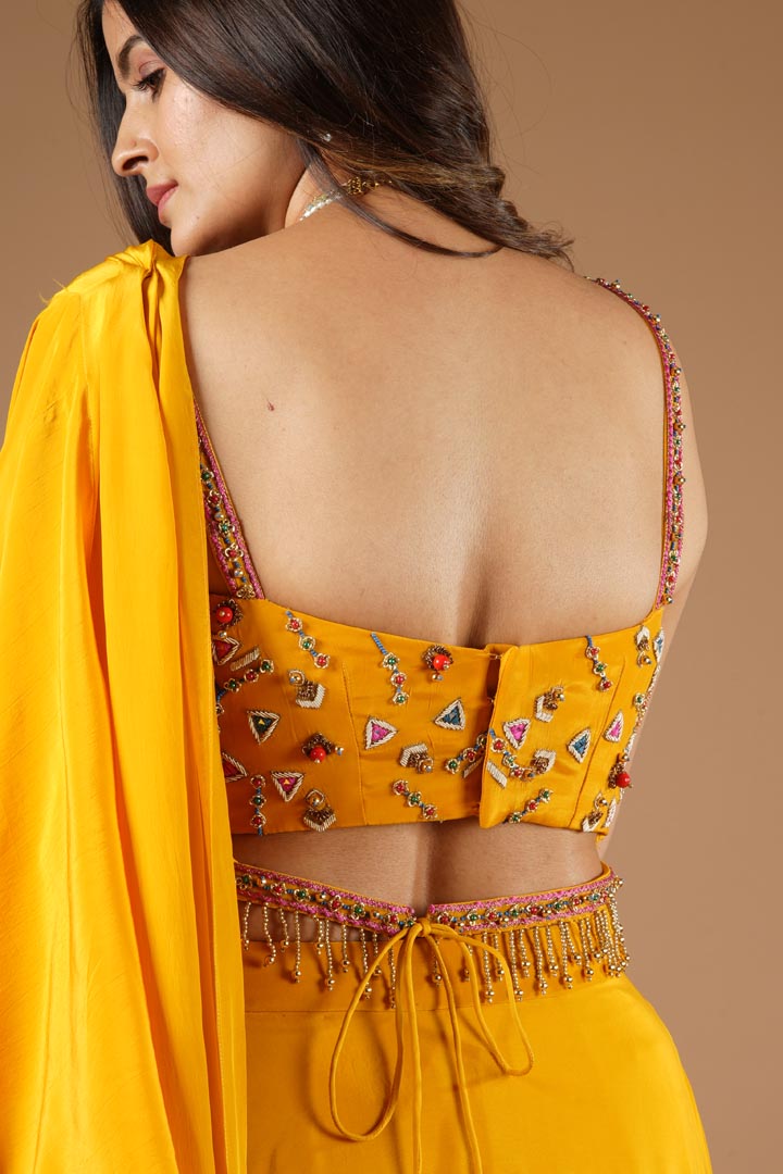 Mustard Yellow Viscose Ruffled Saree Set