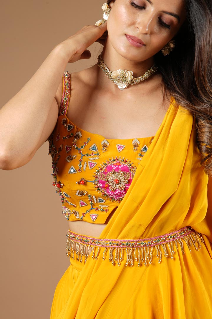 Mustard Yellow Viscose Ruffled Saree Set