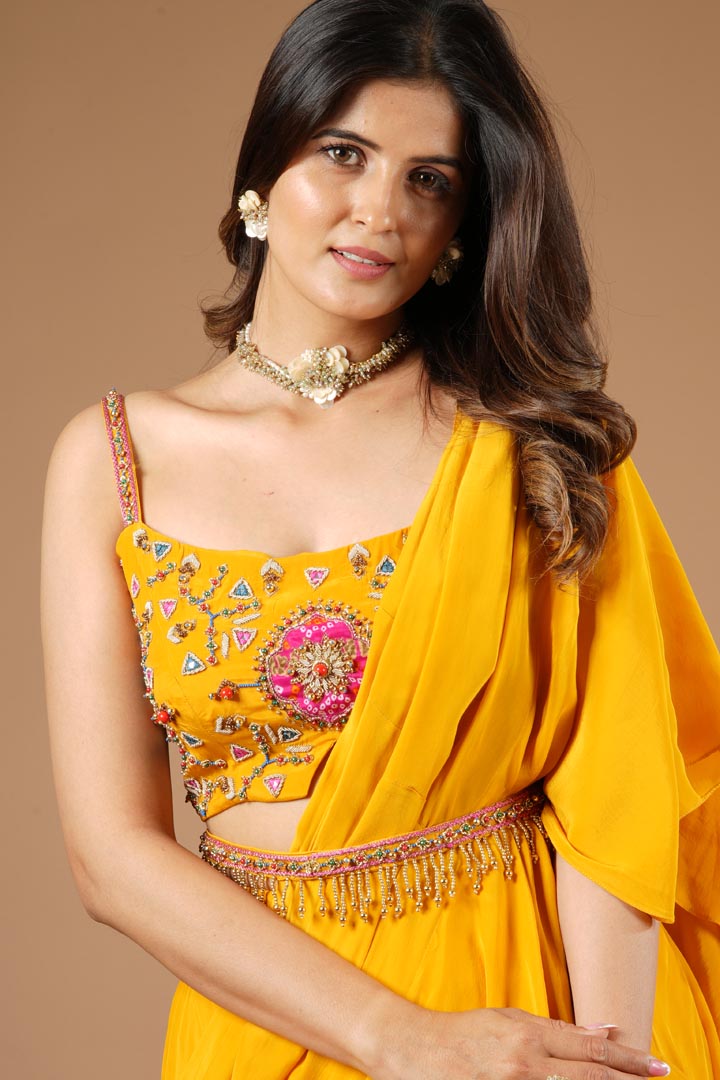 Mustard Yellow Viscose Ruffled Saree Set