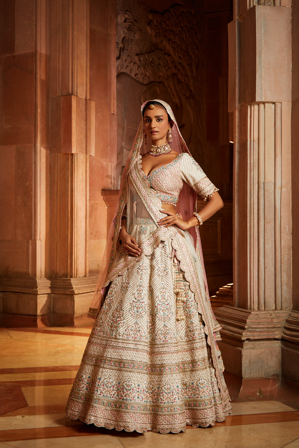 Ivory Tafetta Lehenga Choli with Pastel Gold Embroidery