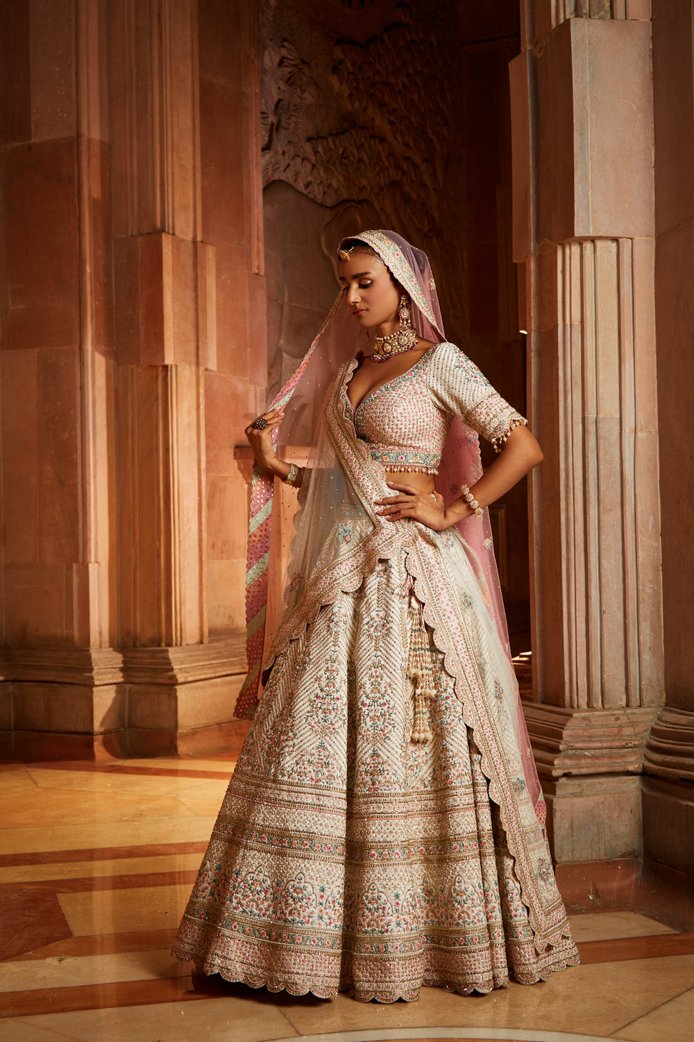 Ivory Tafetta Lehenga Choli with Pastel Gold Embroidery