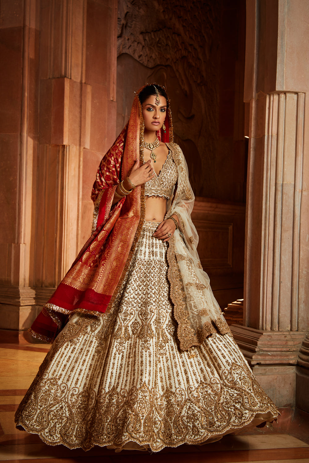 Ivory Taffeta Lehenga Choli with Zardozi and Tulle Dupatta