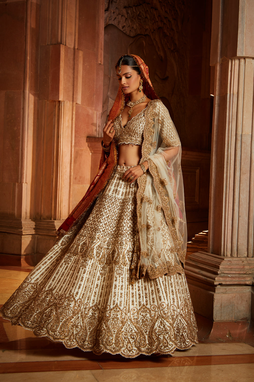 Ivory Taffeta Lehenga Choli with Zardozi and Tulle Dupatta