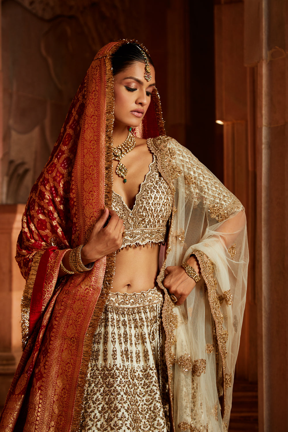 Ivory Taffeta Lehenga Choli with Zardozi and Tulle Dupatta