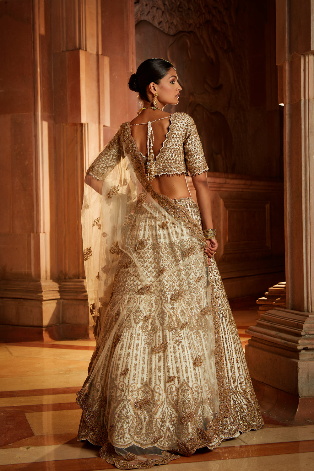 Ivory Taffeta Lehenga Choli with Zardozi and Tulle Dupatta