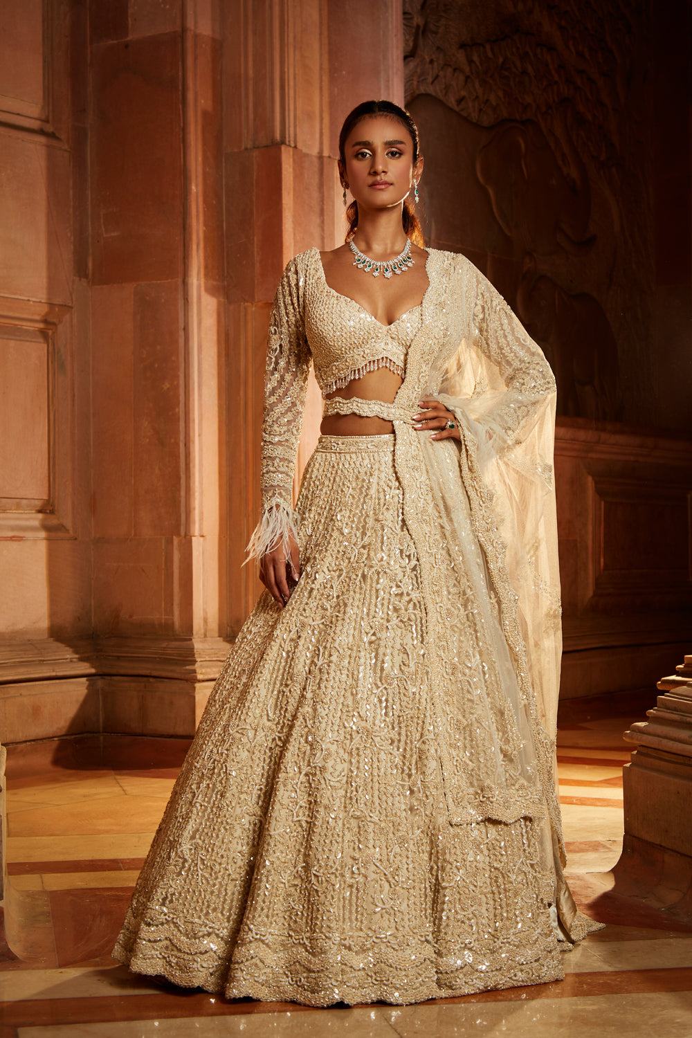 Ivory Tulle Embroidered Lehenga Choli Set with Optional Veil