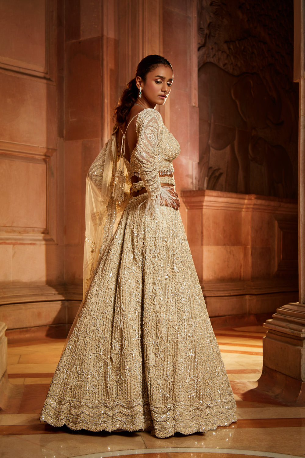 Ivory Tulle Embroidered Lehenga Choli Set with Optional Veil