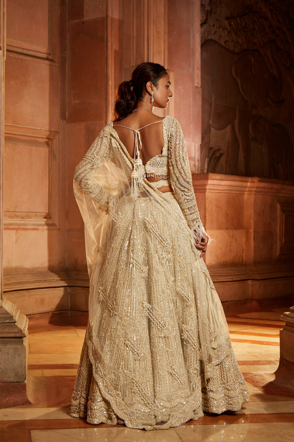 Ivory Tulle Embroidered Lehenga Choli Set with Optional Veil