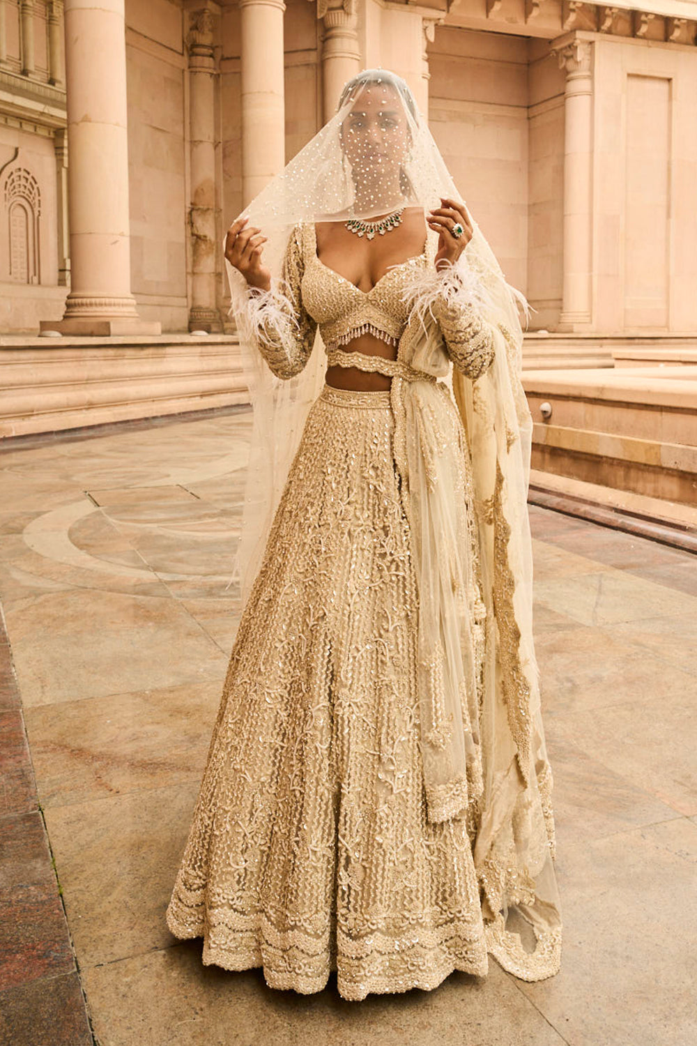 Ivory Tulle Embroidered Lehenga Choli Set with Optional Veil