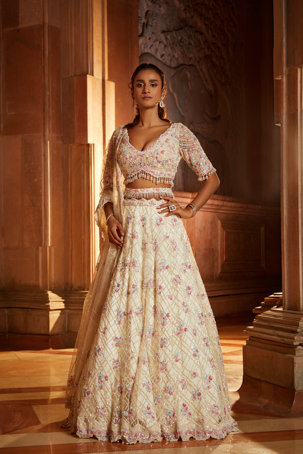 Ivory Tulle Lehenga Choli Set with Floral Embroidery