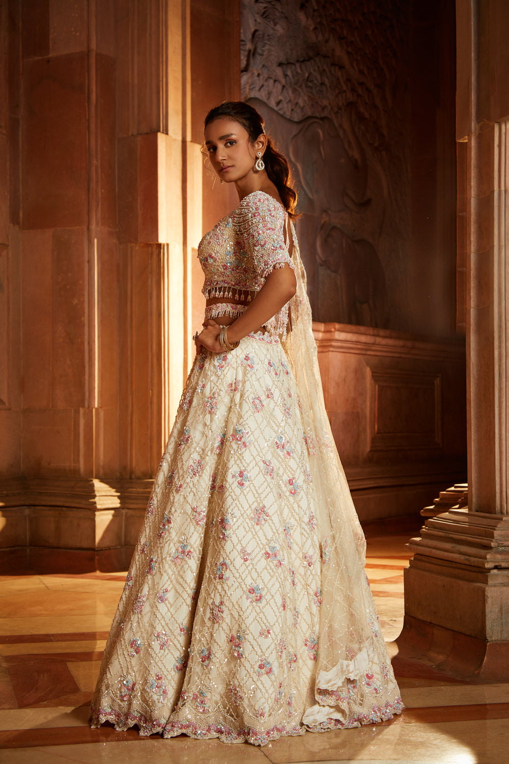 Ivory Tulle Lehenga Choli Set with Floral Embroidery