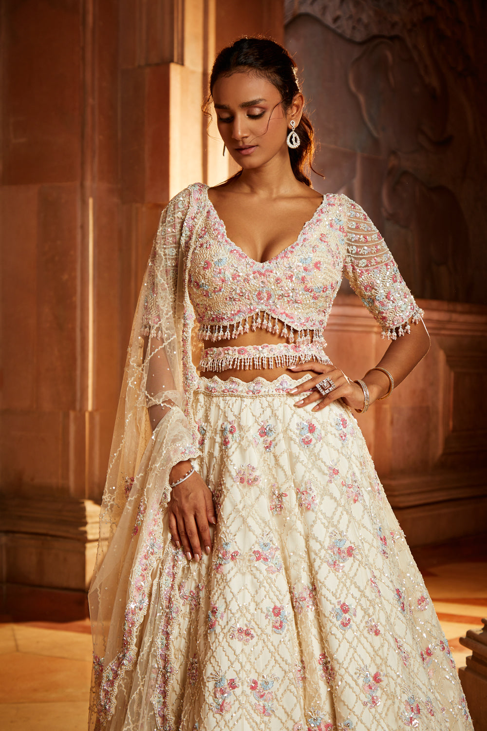 Ivory Tulle Lehenga Choli Set with Floral Embroidery