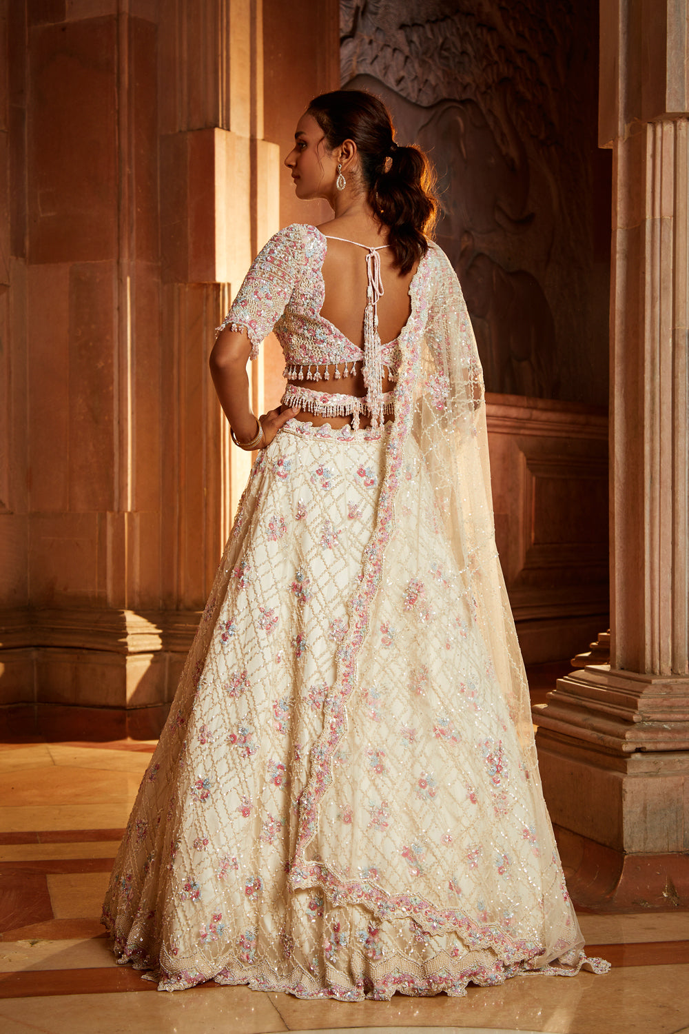 Ivory Tulle Lehenga Choli Set with Floral Embroidery