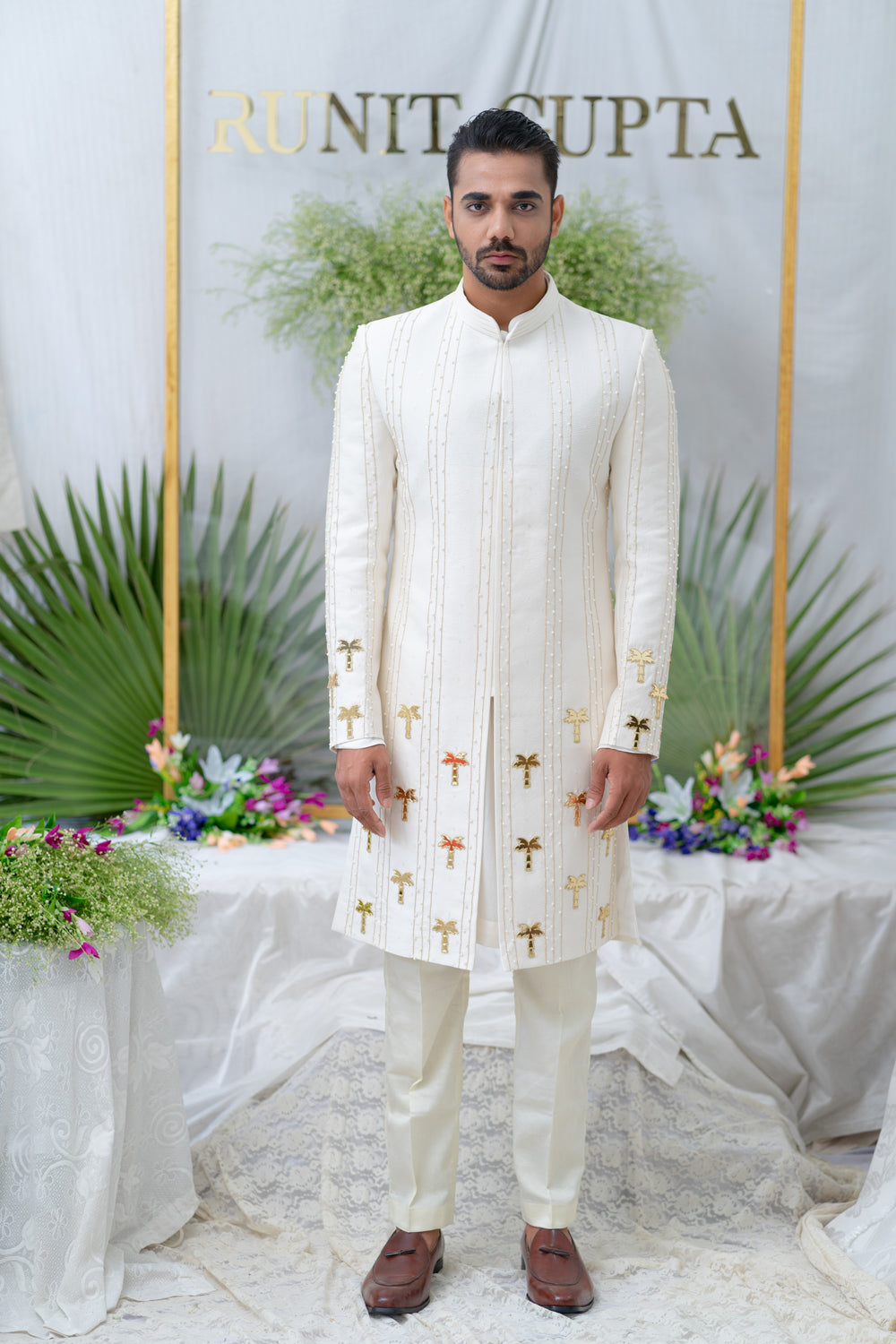 Amir Ivory Embroidered Sherwani Set - Auraya Fashion - Runit Gupta - #tag1# - #tag2# - #tag3# - #tag3#