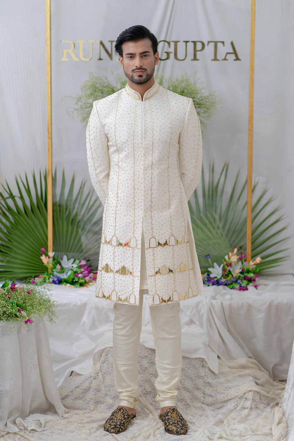 Amey Ivory Embroidered Sherwani Set - Auraya Fashion - Runit Gupta - #tag1# - #tag2# - #tag3# - #tag3#