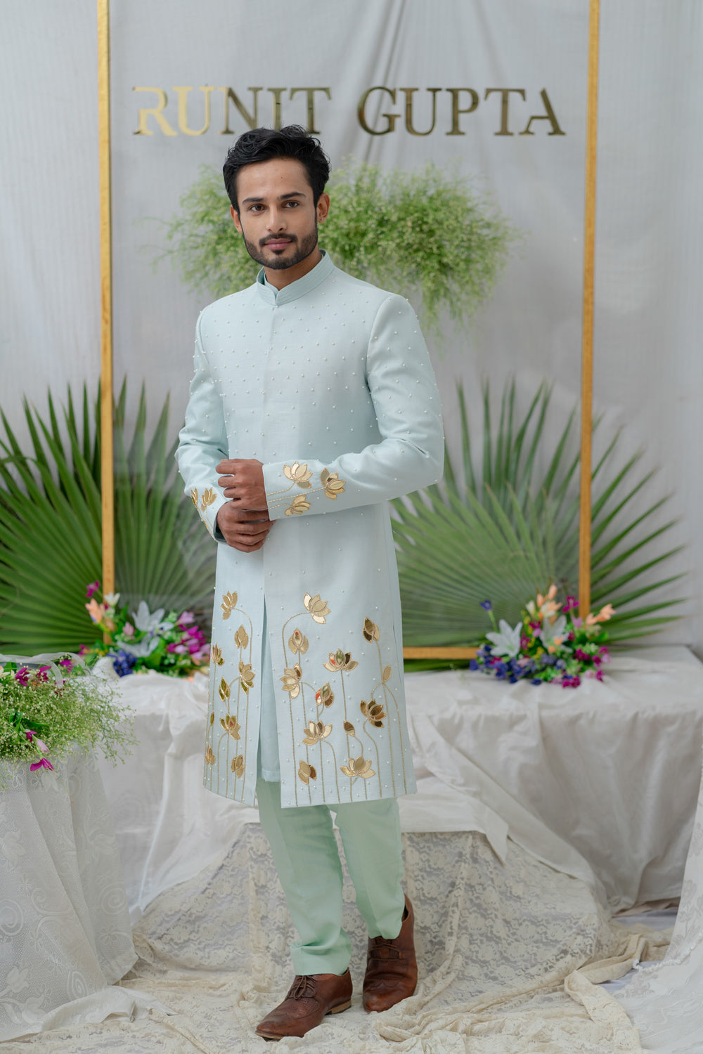 Aayan Lotus Powder Blue Embroidered Sherwani Set - Auraya Fashion - Runit Gupta - #tag1# - #tag2# - #tag3# - #tag3#