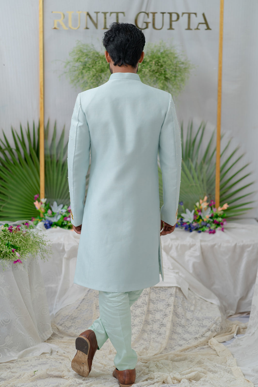 Aayan Lotus Powder Blue Embroidered Sherwani Set - Auraya Fashion -  - #tag1# - #tag2# - #tag3# - #tag3#