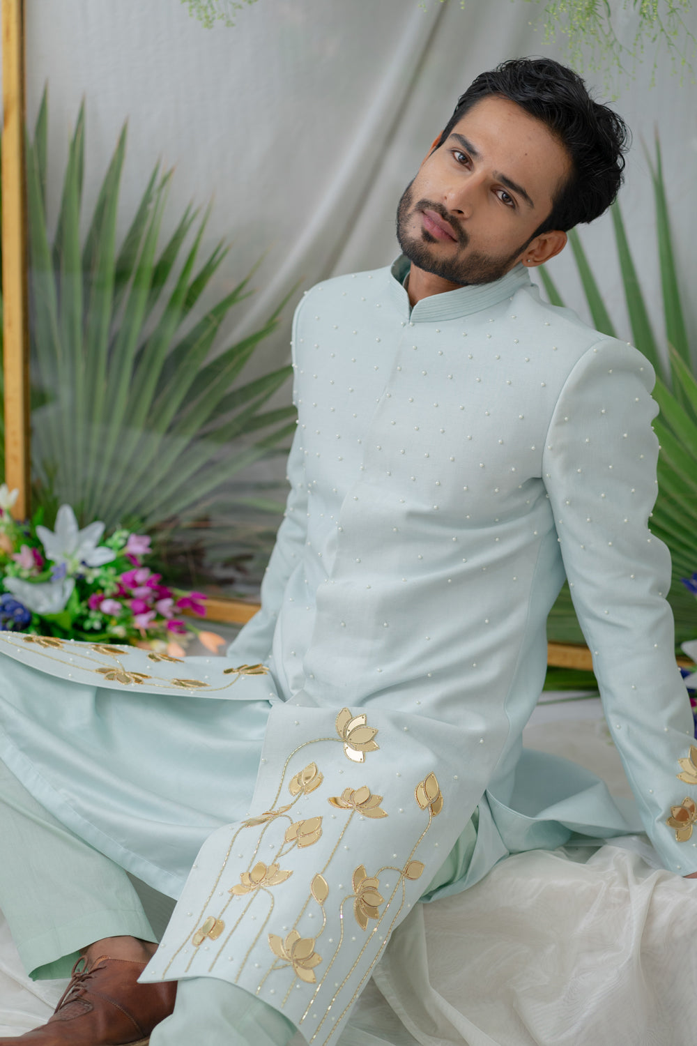 Aayan Lotus Powder Blue Embroidered Sherwani Set - Auraya Fashion -  - #tag1# - #tag2# - #tag3# - #tag3#