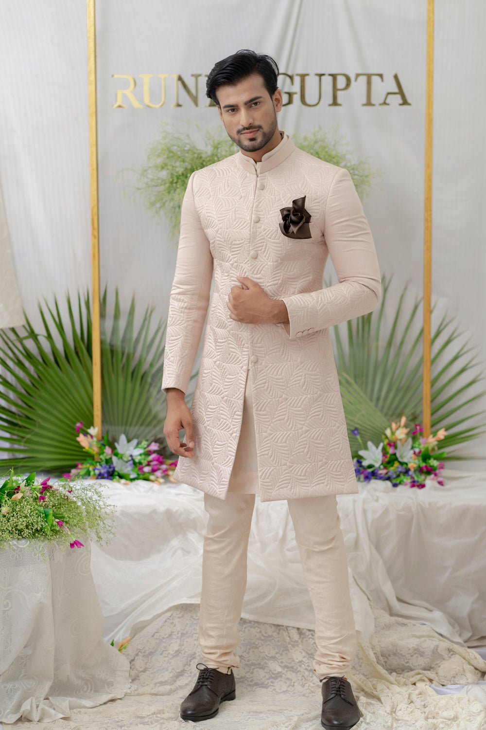 Navab Dusty Pinkquilted Sherwani Set - Auraya Fashion - Runit Gupta - #tag1# - #tag2# - #tag3# - #tag3#