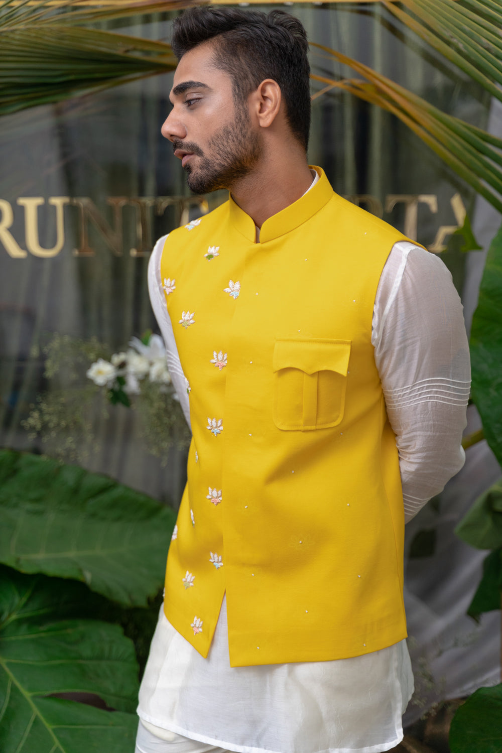 Yellow Lotus Patch Pocket Embroidered Bundi