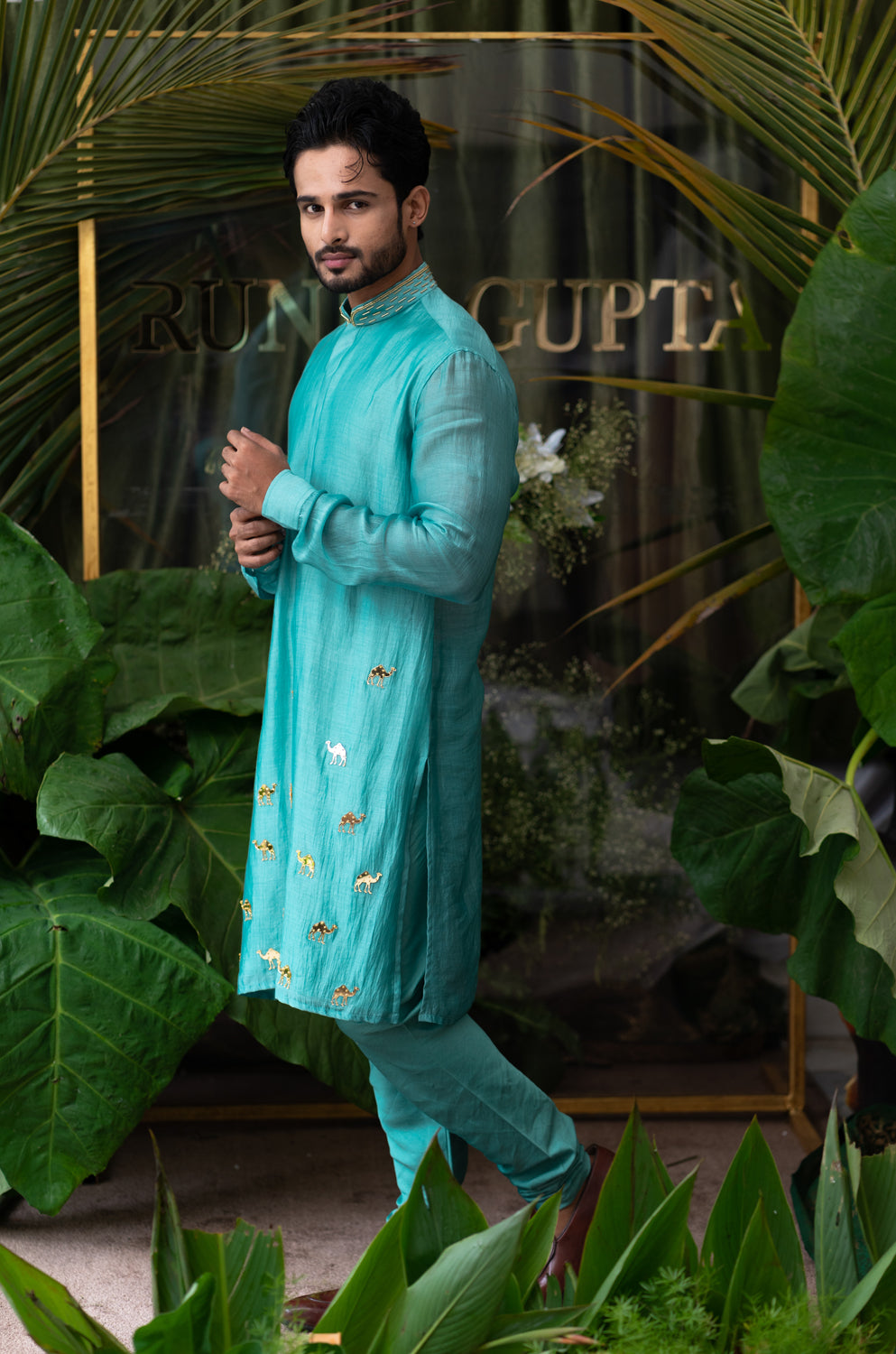 Airy Aqua Camel Embroidered Kurta Set - Auraya Fashion - Runit Gupta - #tag1# - #tag2# - #tag3# - #tag3#