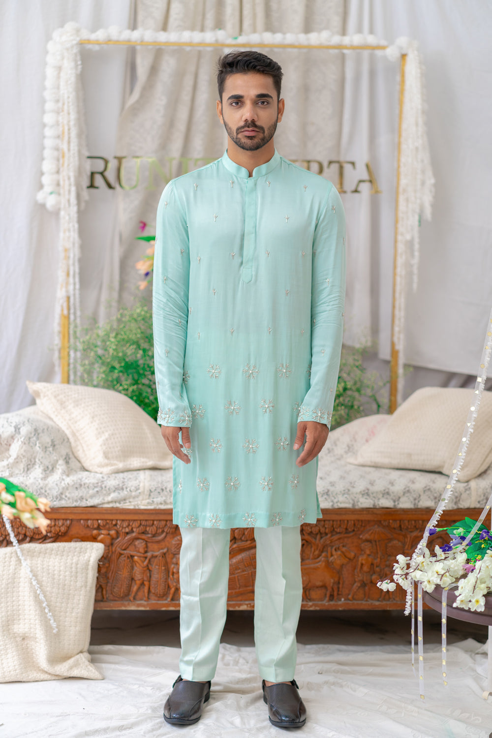 Powder Bluecutpipe Embroidered Kurta Set - Auraya Fashion - Runit Gupta - #tag1# - #tag2# - #tag3# - #tag3#