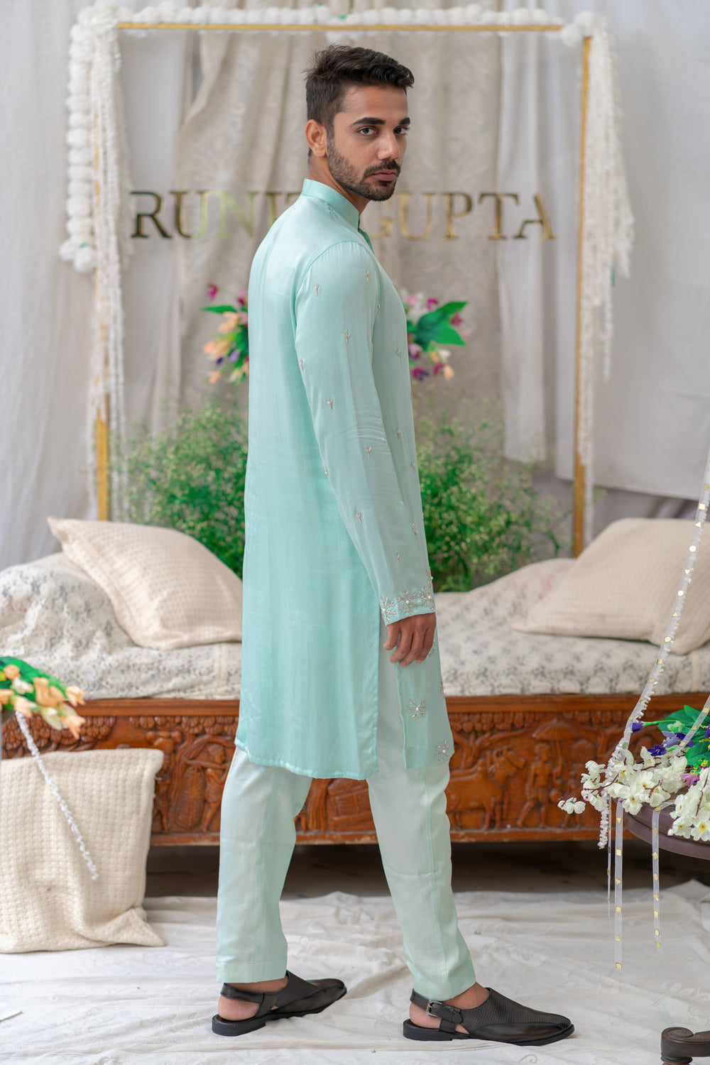 Powder Bluecutpipe Embroidered Kurta Set - Auraya Fashion -  - #tag1# - #tag2# - #tag3# - #tag3#