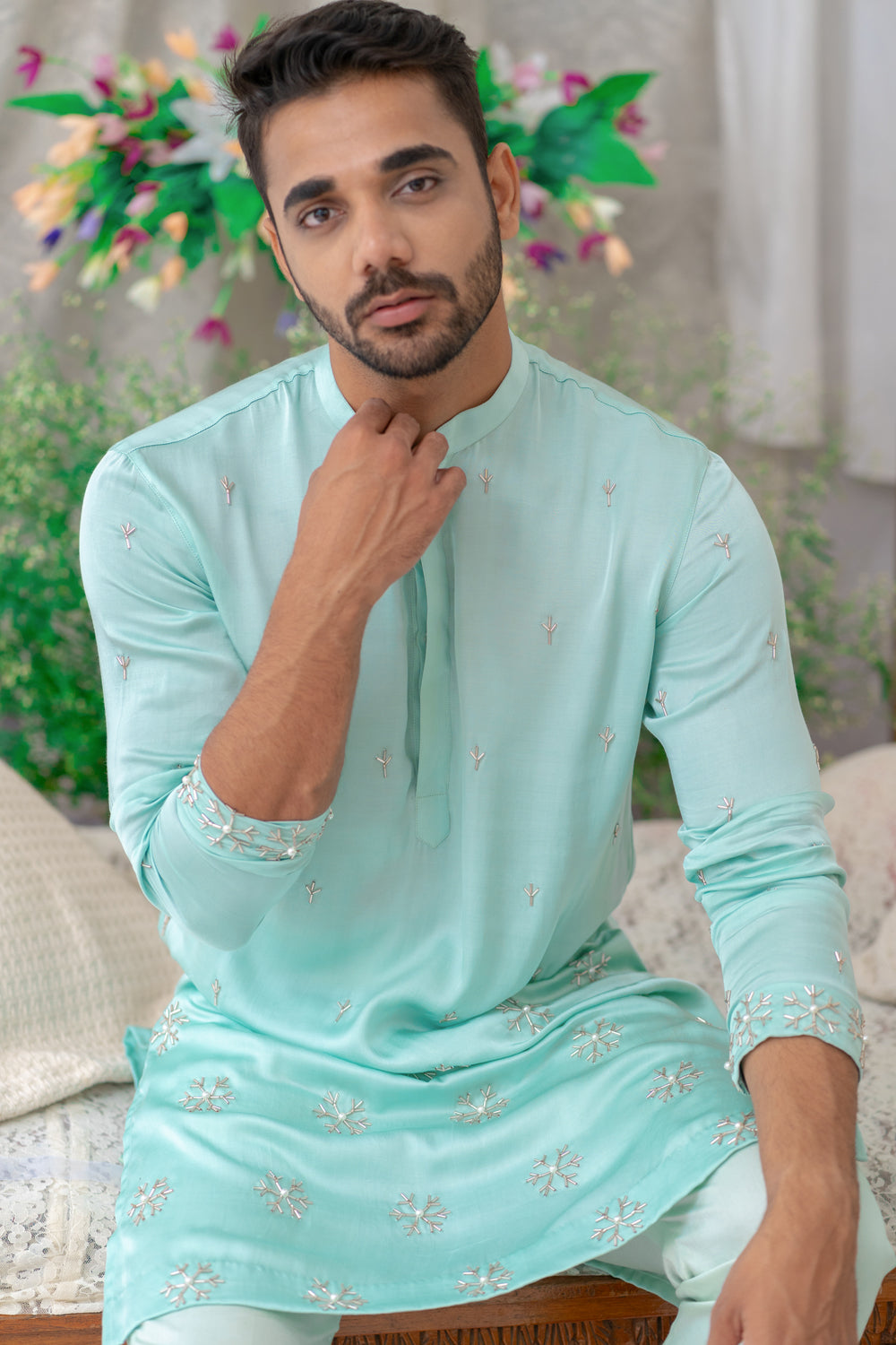 Powder Bluecutpipe Embroidered Kurta Set - Auraya Fashion -  - #tag1# - #tag2# - #tag3# - #tag3#