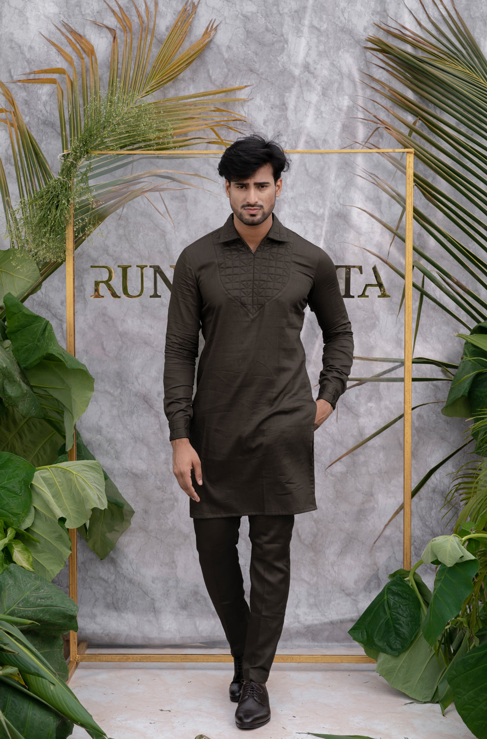 Brown Grey Quilted Kurta Set