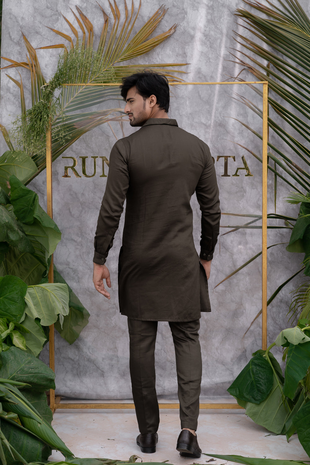 Brown Grey Quilted Kurta Set