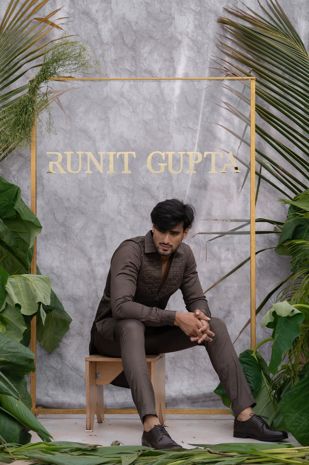 Brown Grey Quilted Kurta Set