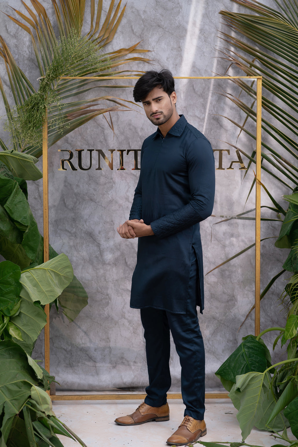 Deep Blue Quilted Kurta Set - Auraya Fashion - Runit Gupta - #tag1# - #tag2# - #tag3# - #tag3#