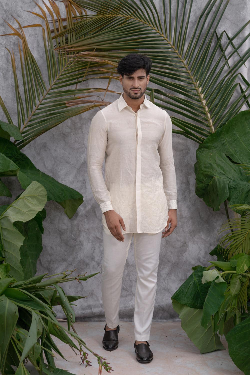 Ivory Crushed & Embroidered Shirt Kurta Set - Auraya Fashion - Runit Gupta - #tag1# - #tag2# - #tag3# - #tag3#