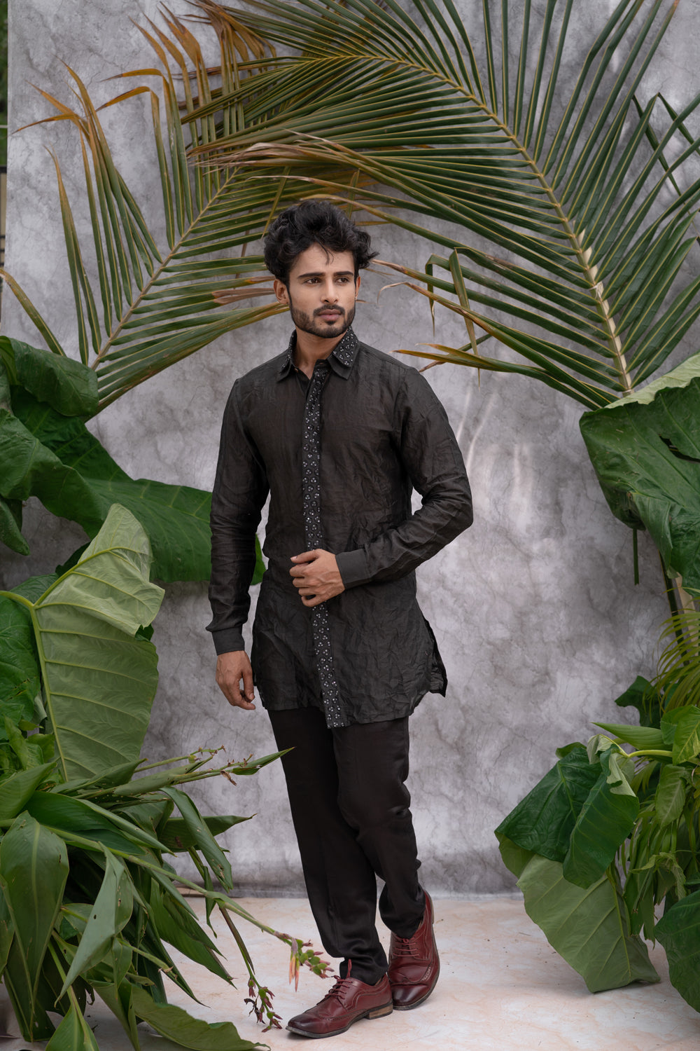 Black Crushed & Embroidered Shirt Kurta Set - Auraya Fashion - Runit Gupta - #tag1# - #tag2# - #tag3# - #tag3#