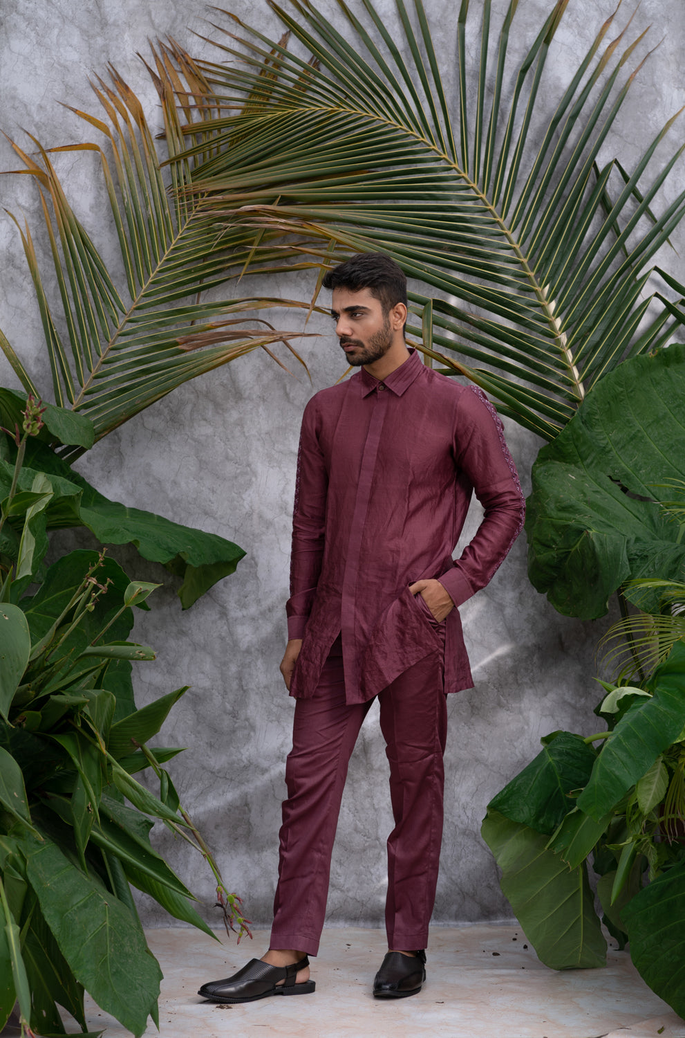 Wine Crushed & Embroidered Shirt Kurta Set