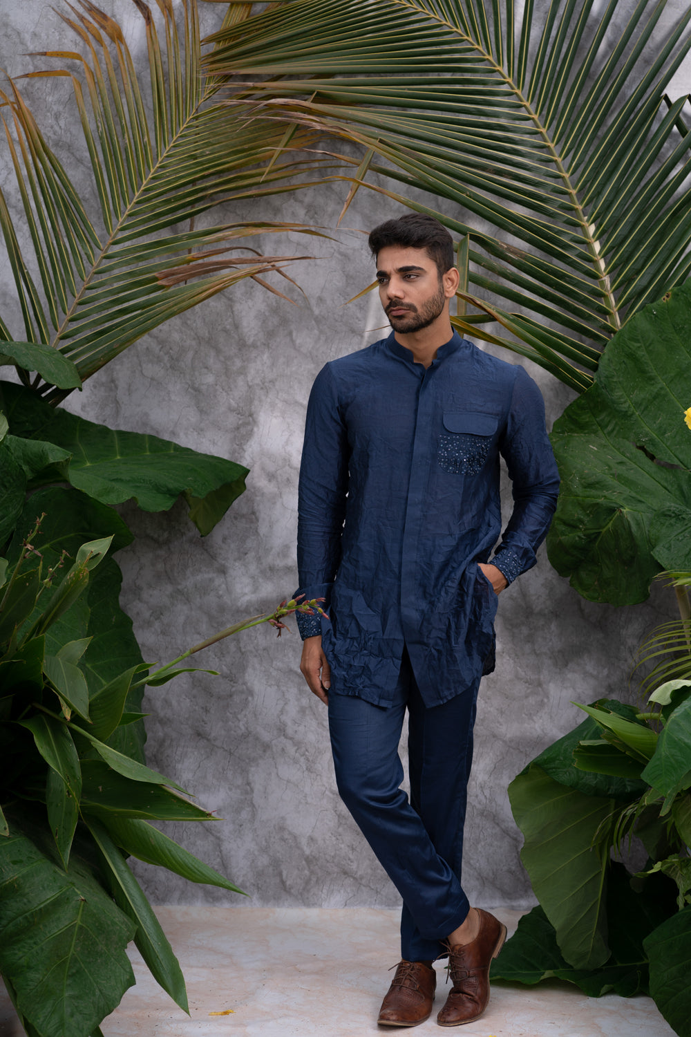 Deep Blue Crushed & Embroidered Shirt Kurta Set - Auraya Fashion - Runit Gupta - #tag1# - #tag2# - #tag3# - #tag3#