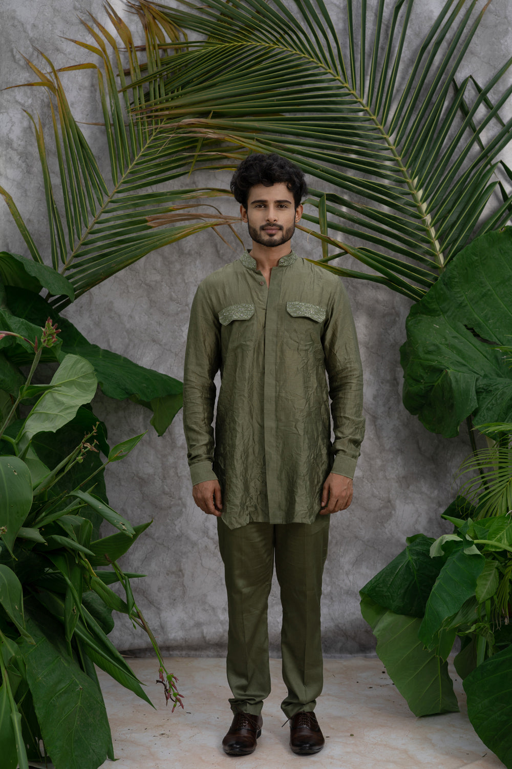 Olive Green Crushed & Embroidered Shirt Kurta Set - Auraya Fashion - Runit Gupta - #tag1# - #tag2# - #tag3# - #tag3#