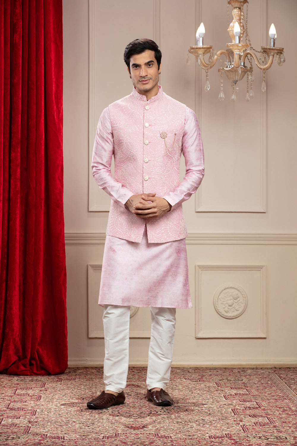 Rosé Quartz Pink Lucknowi Kurta Jacket Set Jacket Set Set With Cutdana Work And Brooch - Auraya Fashion - Riyaasat Men - #tag1# - #tag2# - #tag3# - #tag3#