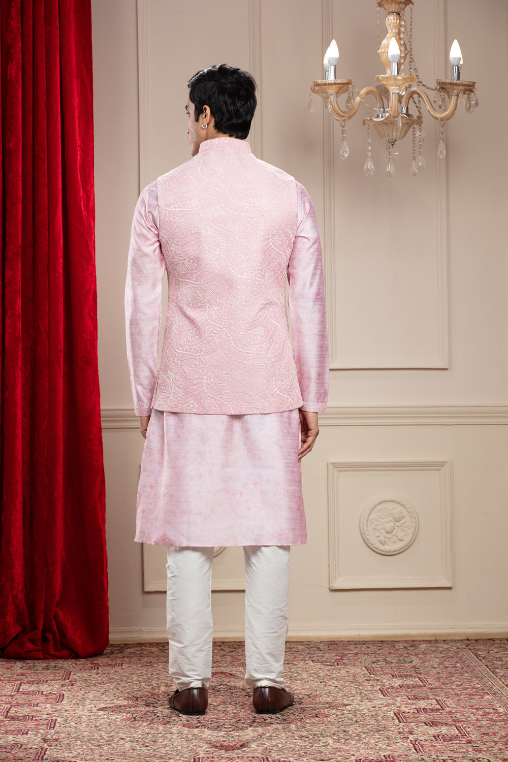 Rosé Quartz Pink Lucknowi Kurta Jacket Set Jacket Set Set With Cutdana Work And Brooch - Auraya Fashion -  - #tag1# - #tag2# - #tag3# - #tag3#