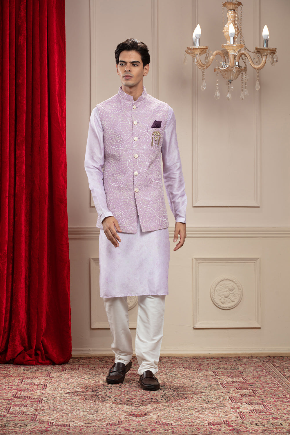 Lavender Mauve Lucknowi Kurta Jacket Set Jacket Set Set With Cutdana Work And Brooch - Auraya Fashion - Riyaasat Men - #tag1# - #tag2# - #tag3# - #tag3#