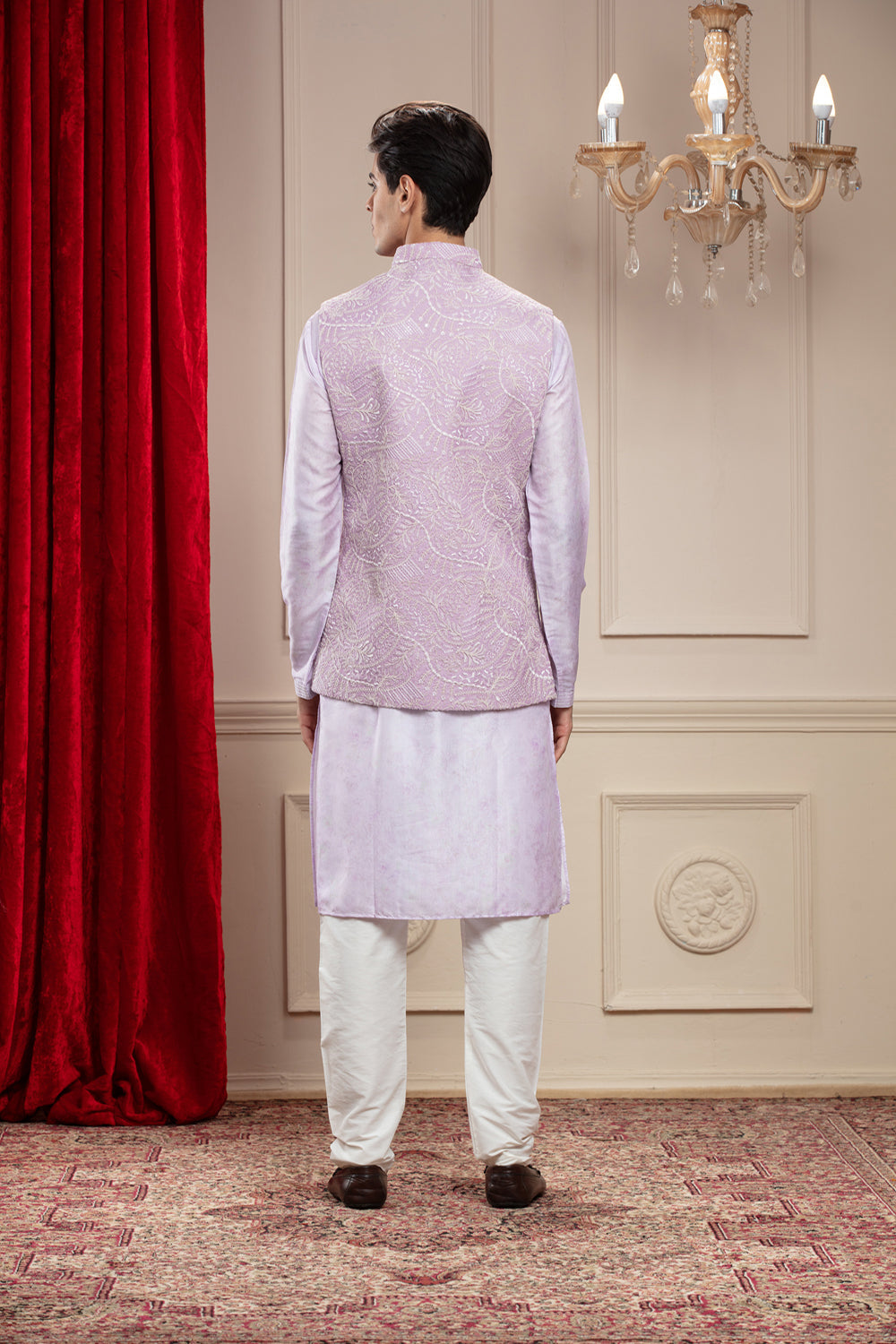 Lavender Mauve Lucknowi Kurta Jacket Set Jacket Set Set With Cutdana Work And Brooch - Auraya Fashion -  - #tag1# - #tag2# - #tag3# - #tag3#