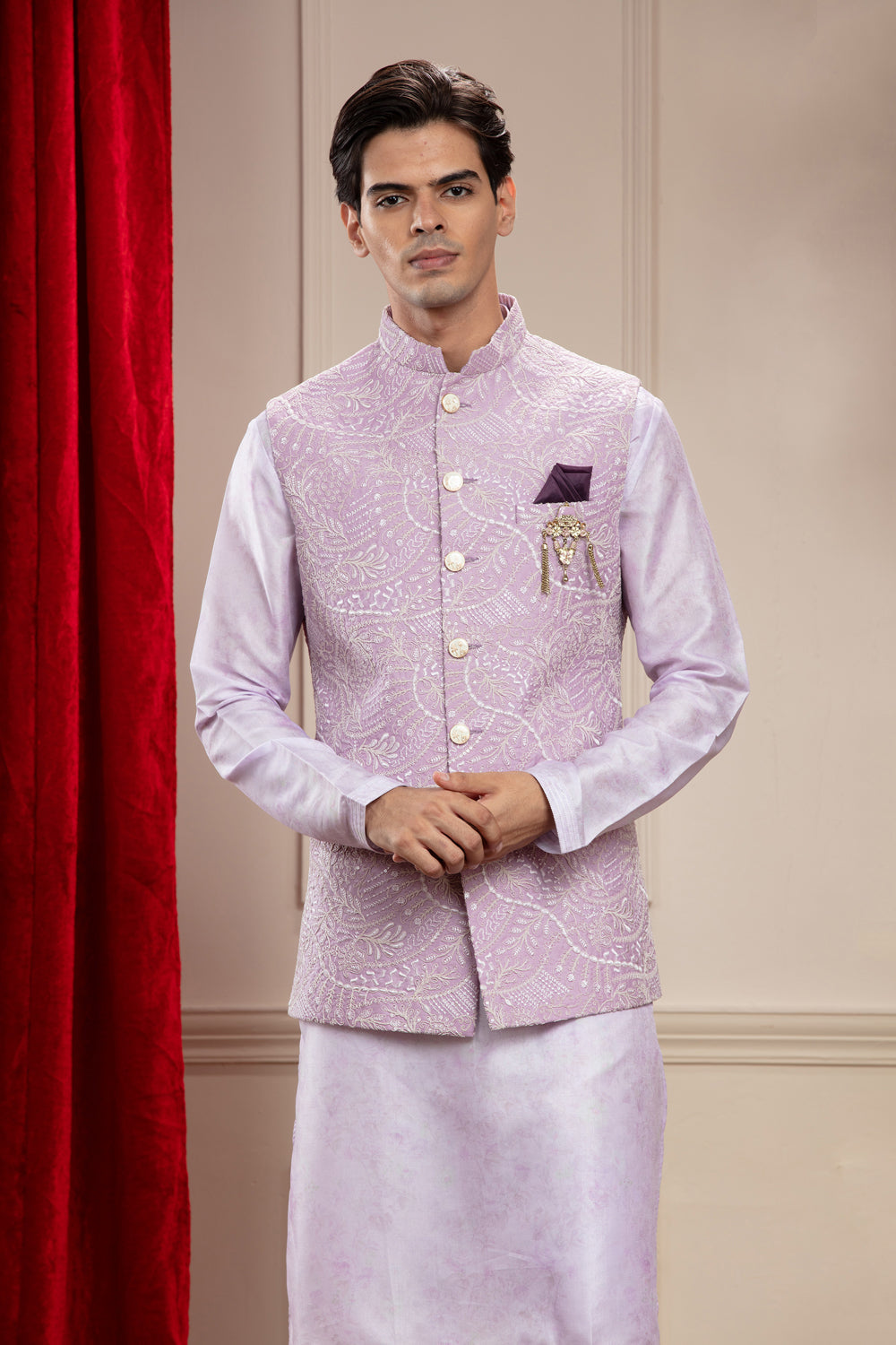 Lavender Mauve Lucknowi Kurta Jacket Set Jacket Set Set With Cutdana Work And Brooch - Auraya Fashion -  - #tag1# - #tag2# - #tag3# - #tag3#