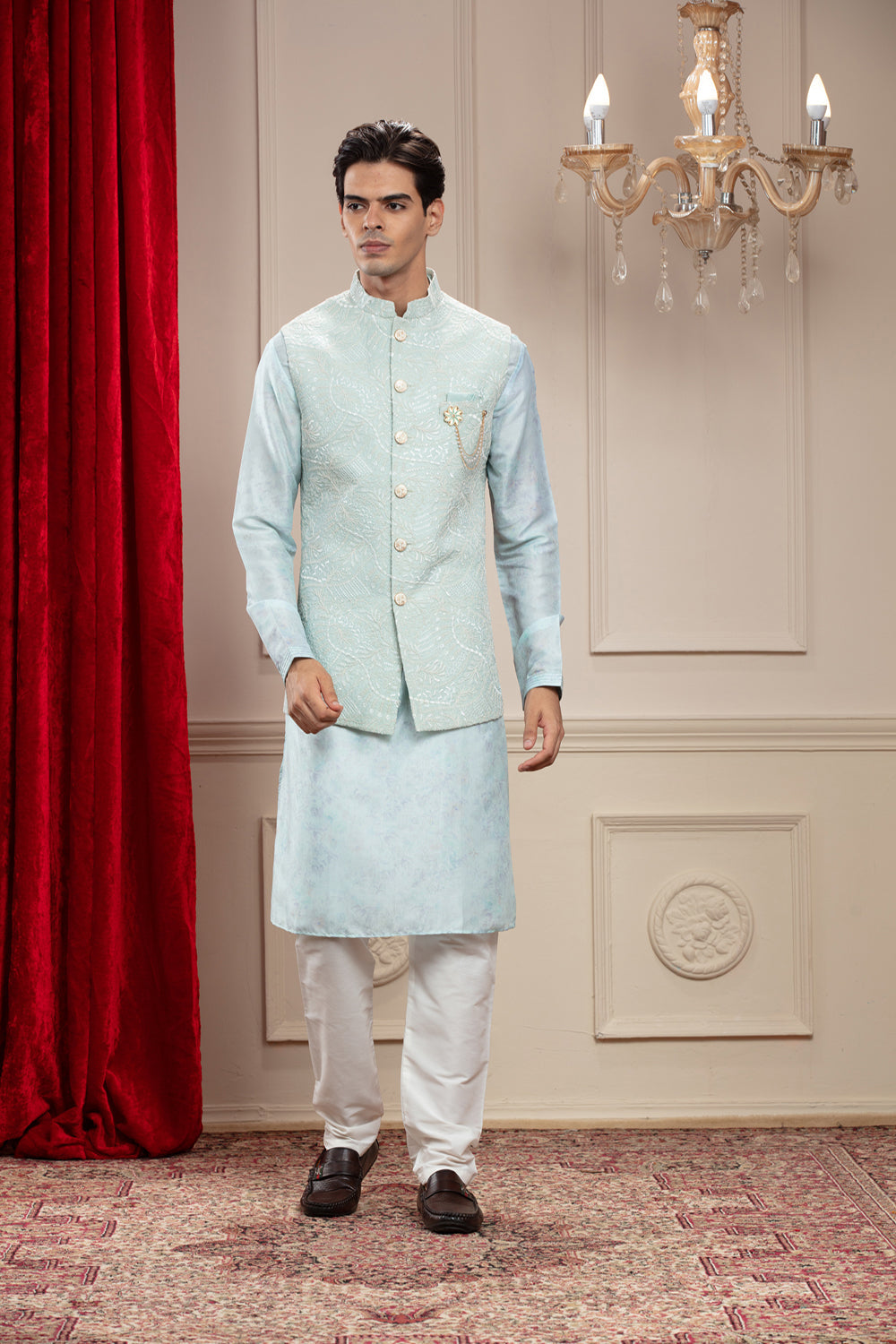 Columbia Blue Lucknowi Kurta Jacket Set Jacket Set Set With Cutdana Work And Brooch