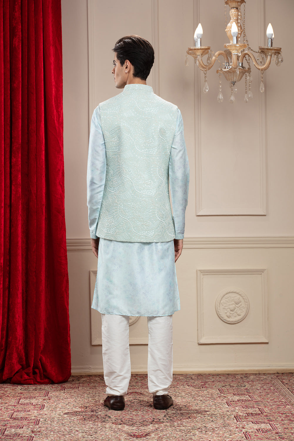 Columbia Blue Lucknowi Kurta Jacket Set Jacket Set Set With Cutdana Work And Brooch