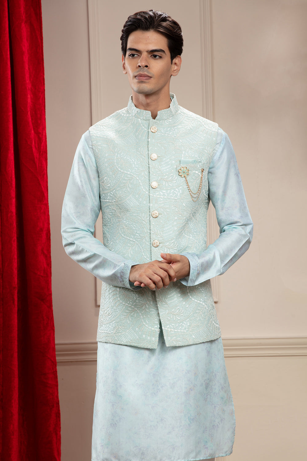 Columbia Blue Lucknowi Kurta Jacket Set Jacket Set Set With Cutdana Work And Brooch